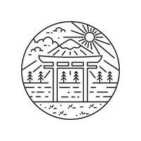 Japan landmark poort en mount fuji in mono lijntekeningen, badge patch pin grafische illustratie, vector kunst t-shirt design