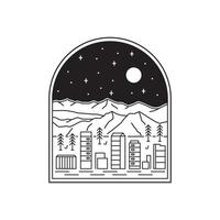 een uitzicht op een stad onder een berg in mono lijntekeningen, badge patch pin grafische illustratie, vector kunst t-shirt design