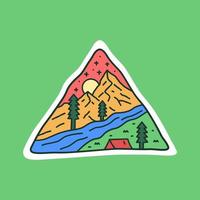 berg en rivier camping natuur avontuur in de dag wilde lijn badge patch pin grafische illustratie vector kunst t-shirt design