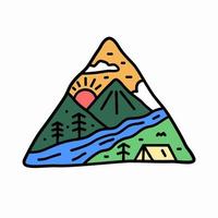 berg en rivier camping natuur avontuur in de dag wilde lijn badge patch pin grafische illustratie vector kunst t-shirt design