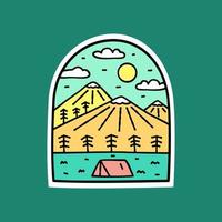 kamperen op berg natuur avontuur in de dag wilde lijn badge patch pin grafische illustratie vector kunst t-shirt design