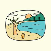 strand en surfplank op het strand voor badge, sticker, patch, t-shirtontwerp, enz vector