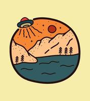 illustratie van de zee en de bergen die worden aangevallen door ufo voor t-shirtontwerp, tee-ontwerp, patch embleem badge-ontwerp vector