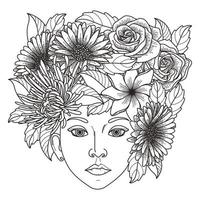 vector meisje decoratief kapsel met bloemen, bladeren in haar in doodle stijl. natuur, sierlijke, bloemen illustratie. zwart-wit zwart-wit achtergrond. zentangle handgetekende kleurboekpagina