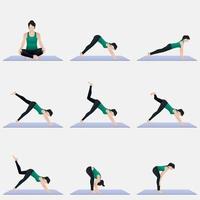 vrouw doet yoga set posities thuis workouts set fitness sport training concept plat ontwerp op witte achtergrond vector