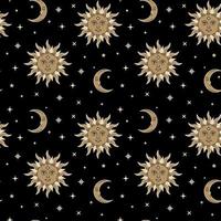 zon en maan vintage naadloos patroon. magische achtergrond met gouden sterren en hemelse astrologische symbolen vector