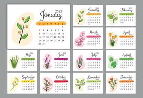 nieuwjaar 2022 kalendersjabloon met schattige bloemvector vector