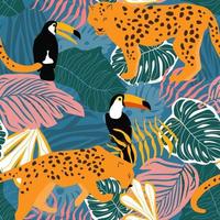 naadloos patroon met tropisch exotisch ornament met palmbladeren, toekanvogels en luipaard. zomer abstracte dierenprint. vectorafbeeldingen. vector
