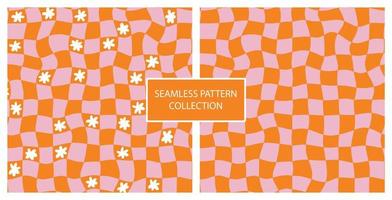 trippy oranje raster in hippiestijl uit de jaren 70. swirl schaakbord naadloze patroon. set van twee retro achtergrond. illustratie met witte margriet bloemen. vector
