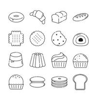 vector pictogram overzicht set bakkerij. zoals donuts, croissants, koekjes. geïsoleerde achtergrond. zwarte lijnen.