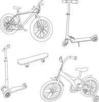 een set zomertransport. vectorillustraties van fiets, skateboard, scooter. contourtekeningen van transport voor buitenactiviteiten. vector