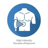 hoge intensiteit gerichte echografie blauwe platte ontwerp lange schaduw glyph pictogram. hif. niet-invasieve therapeutische techniek. behandeling door ultrasone golven. weefsel vernietigen. vector silhouet illustratie