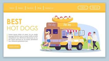 beste hotdog-bestemmingspagina vectorsjabloon. fastfood truck website-interface idee met platte illustraties. lay-out van de startpagina van straatvoedselverkoop. city picknick webbanner, webpagina cartoon concept vector