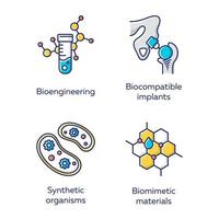 bio-engineering gekleurde pictogrammen instellen. biotechnologie voor de gezondheid, evolutionair onderzoek, het creëren van nieuwe materialen. biochemie, ggo, implantatie. geïsoleerde vectorillustraties vector