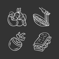 voedzaam voedsel krijt pictogrammen instellen. groenten, pasta, gevulde tomaat, sandwich. café, restaurantsnack, voorgerecht. gezonde voeding. salade, spaghetti. geïsoleerde vector schoolbord illustraties