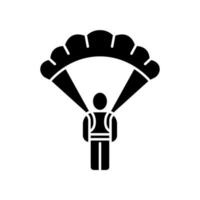 parachute skydiver glyph pictogram. inventaris van virtuele videogames. parachutespringen, parachutespringen. game-speler, krijger, soldaat met parachute. silhouet symbool. negatieve ruimte. vector geïsoleerde illustratie