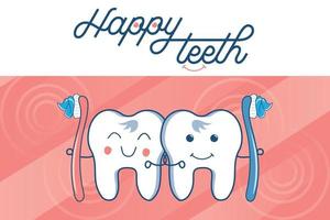 gelukkige tanden mascotte, cartoon tanden met een tandenborstel. schattig tandenpoetsen cartoon met smileygezicht. tandheelkundige zorg concept. illustratie geïsoleerd op een gekleurde achtergrond.