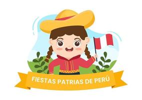 felices fiestas patrias of Peruaanse onafhankelijkheidsdag cartoon afbeelding met vlag en schattige mensen voor de viering van de nationale feestdag peru op 28 juli in vlakke stijl achtergrond vector