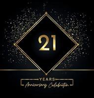 21 jaar Jubileumfeest met gouden frame en gouden Glitters op zwarte achtergrond. vectorontwerp voor wenskaart, verjaardagsfeestje, bruiloft, evenementfeest, uitnodiging. 21 jaar jubileumlogo. vector