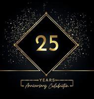 25 jaar Jubileumfeest met gouden frame en gouden Glitters op zwarte achtergrond. vectorontwerp voor wenskaart, verjaardagsfeestje, bruiloft, evenementfeest, uitnodiging. 25 jaar jubileumlogo. vector