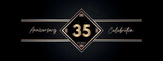 35 jaar gouden jubileumkleur met Decoratief frame geïsoleerd op zwarte achtergrond voor jubileumfeest, verjaardagsfeestje, brochure, wenskaart. 35-jarig jubileum sjabloonontwerp vector
