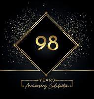 98 jaar Jubileumfeest met gouden frame en gouden Glitters op zwarte achtergrond. 98 jaar jubileumlogo. vectorontwerp voor wenskaart, verjaardagsfeestje, bruiloft, evenementfeest, uitnodiging. vector