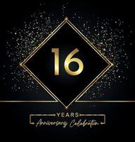 16 jaar Jubileumfeest met gouden frame en gouden Glitters op zwarte achtergrond. vectorontwerp voor wenskaart, verjaardagsfeestje, bruiloft, evenementfeest, uitnodiging. 16 jaar jubileumlogo. vector