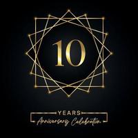 10 jaar jubileumviering ontwerp. 10 verjaardagslogo met gouden frame geïsoleerd op zwarte achtergrond. vectorontwerp voor jubileumfeest, verjaardagsfeestje, wenskaart. vector