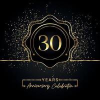 30 jaar Jubileumfeest met gouden ster frame geïsoleerd op zwarte achtergrond. vectorontwerp voor wenskaart, verjaardagsfeestje, bruiloft, evenementfeest, uitnodigingskaart. 30 jaar jubileumlogo. vector