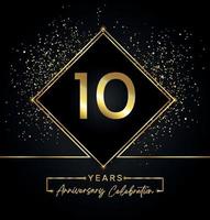 10 jaar Jubileumfeest met gouden frame en gouden Glitters op zwarte achtergrond. vectorontwerp voor wenskaart, verjaardagsfeestje, bruiloft, evenementfeest, uitnodiging. 10 jaar jubileumlogo. vector