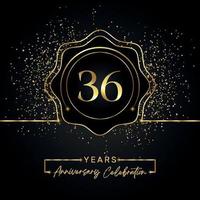 36 jaar Jubileumfeest met gouden ster frame geïsoleerd op zwarte achtergrond. vectorontwerp voor wenskaart, verjaardagsfeestje, bruiloft, evenementfeest, uitnodigingskaart. 36 jaar jubileumlogo. vector