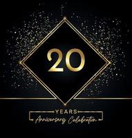 20 jaar Jubileumfeest met gouden frame en gouden Glitters op zwarte achtergrond. vectorontwerp voor wenskaart, verjaardagsfeestje, bruiloft, evenementfeest, uitnodiging. 20 jaar jubileumlogo. vector