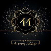 44 jaar Jubileumfeest met gouden ster frame geïsoleerd op zwarte achtergrond. vectorontwerp voor wenskaart, verjaardagsfeestje, bruiloft, evenementfeest, uitnodigingskaart. 44 jaar jubileumlogo. vector