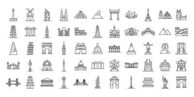 icon sets van toeristische bestemmingen over de hele wereld. iconische monumenten van beroemde steden in vectorontwerp vector