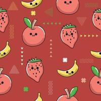 schattig chibi fruit appel, aardbei, banaan naadloze patroon doodle voor kinderen en baby kawaii cartoon premium vector achtergrond ontwerp decoratie creatieve illustratie voor prints, memphis 80s 90s thema