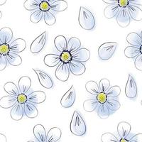 naadloze bloemmotief met bloemen en bloemblaadjes. hand getrokken schets lijn stijl illustratie in eenvoudige Scandinavische stijl in beperkte pastelkleuren. goed voor kaarten, stof, textiel, verpakking, behang. vector