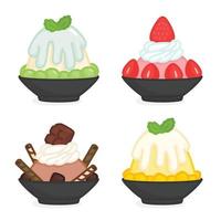 ijsvlokken bingsu meloen aardbei mango chocolade in een kom kawaii doodle platte vectorillustratie vector