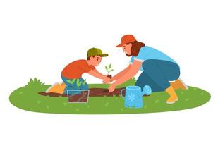 moeder met zoon die zaailingen in de tuin plant. platte vectorillustratie. vector