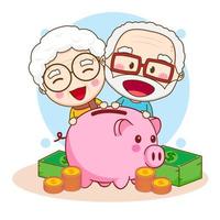 schattige grootouders met cartoon afbeelding van een spaarvarken vector