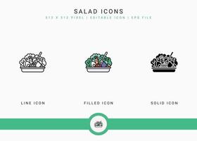 salade pictogrammen instellen vectorillustratie met solide pictogram lijnstijl. gezond veganistisch ingrediëntenconcept. bewerkbaar lijnpictogram op geïsoleerde witte achtergrond voor webdesign, gebruikersinterface en mobiele app vector