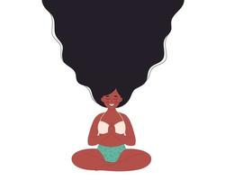zwarte vrouw mediteren in lotus houding op yoga mat. gezonde levensstijl, yoga, ontspannen, ademhalingsoefening vector