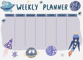 wekelijkse planner ruimte. planner met ruimteschepen en planeten. sjabloon voor plaknotities, planners, checklists, dagboek en ander briefpapier. basisschoolstudent. vectorillustratie. vector