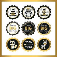 baby shower tweeling toppers of sticker met goud en zwart thema vector