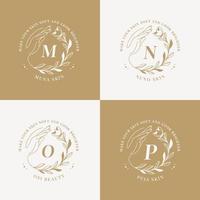 minimalistische en elegante handgetekende letters m tot p bloemen botanisch logo vector