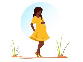 zwarte gevilde zwangere vrouw die in gele jurk loopt. mooie zwangere vrouw is in beweging, ze is gelukkig, gezond en actief vector