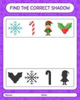 vind het juiste schaduwspel met het kerstpictogram. werkblad voor kleuters, activiteitenblad voor kinderen vector