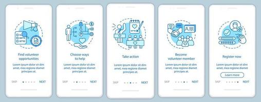 vrijwilligers die het onboarding-paginascherm van de mobiele app vinden met lineaire concepten. humanitaire hulp. vrijwilligersprogramma walkthrough stappen grafische instructies. ux, ui, gui vectorsjabloon met illustraties vector