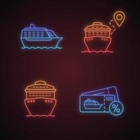 cruise neonlicht pictogrammen instellen. zomer reis. reisbureau. goedkope cruise deal, reisroute, schepen voor en zijaanzichten. gloeiende borden. geïsoleerde vectorillustraties vector