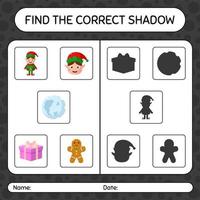 vind het juiste schaduwspel met het kerstpictogram. werkblad voor kleuters, activiteitenblad voor kinderen vector