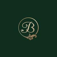 letter b decoratieve alfabet logo geïsoleerd op groene achtergrond. luxe gouden ring eerste abjad logo ontwerpsjabloon. elegante krul bloemen logo concept. eps 10 bestandsproject vector